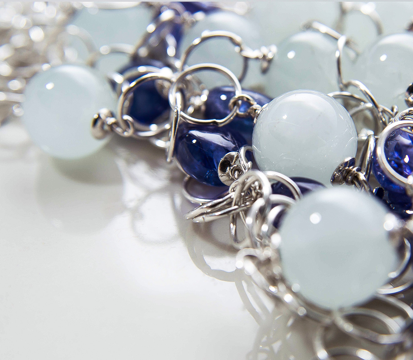 Multi-strand necklace,close up view on details,aquamarine,tanzanite